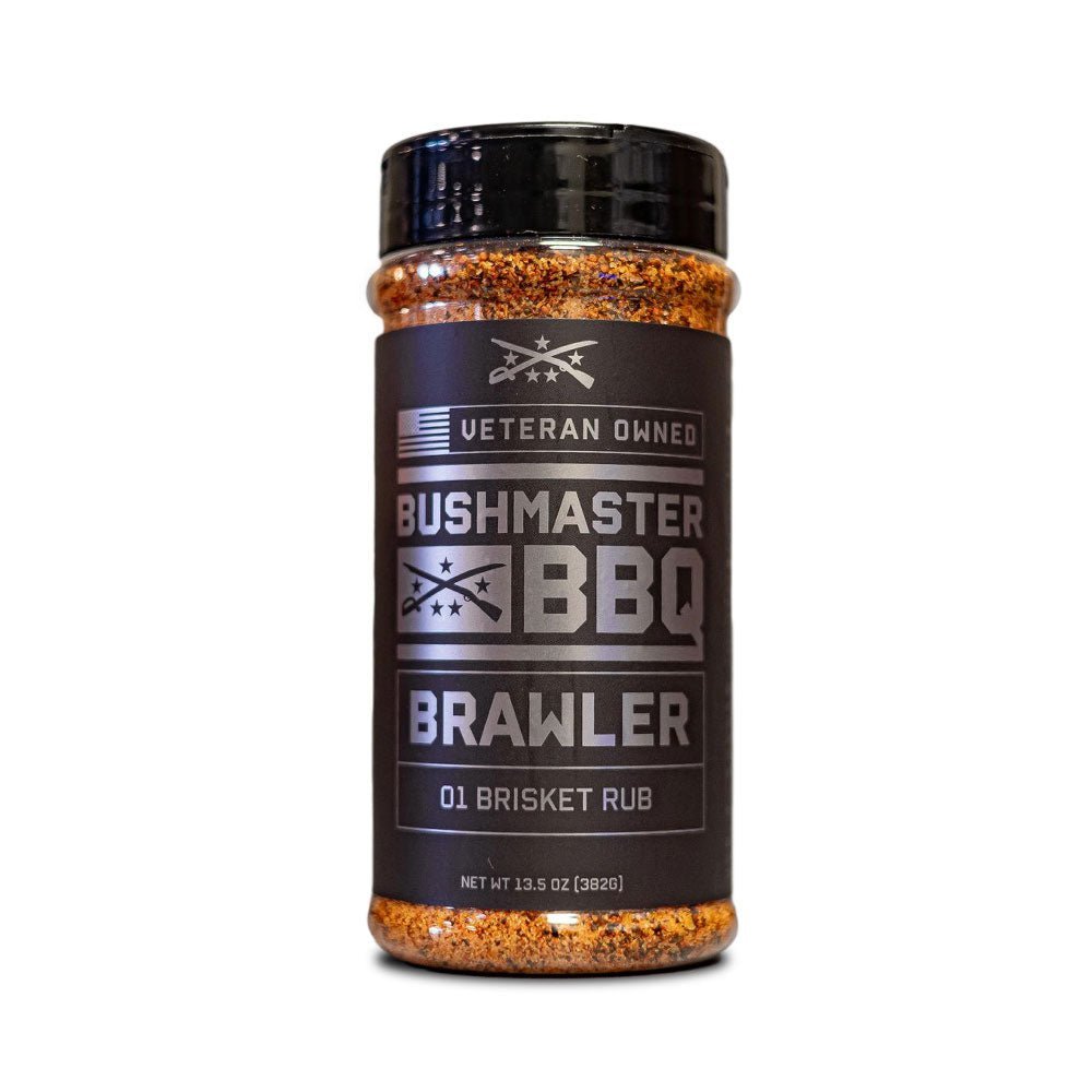 Bushmaster BBQ Brawler Brisket Rub with black label, silver text, star and stripes design, and bold 'Veteran Owned' branding.