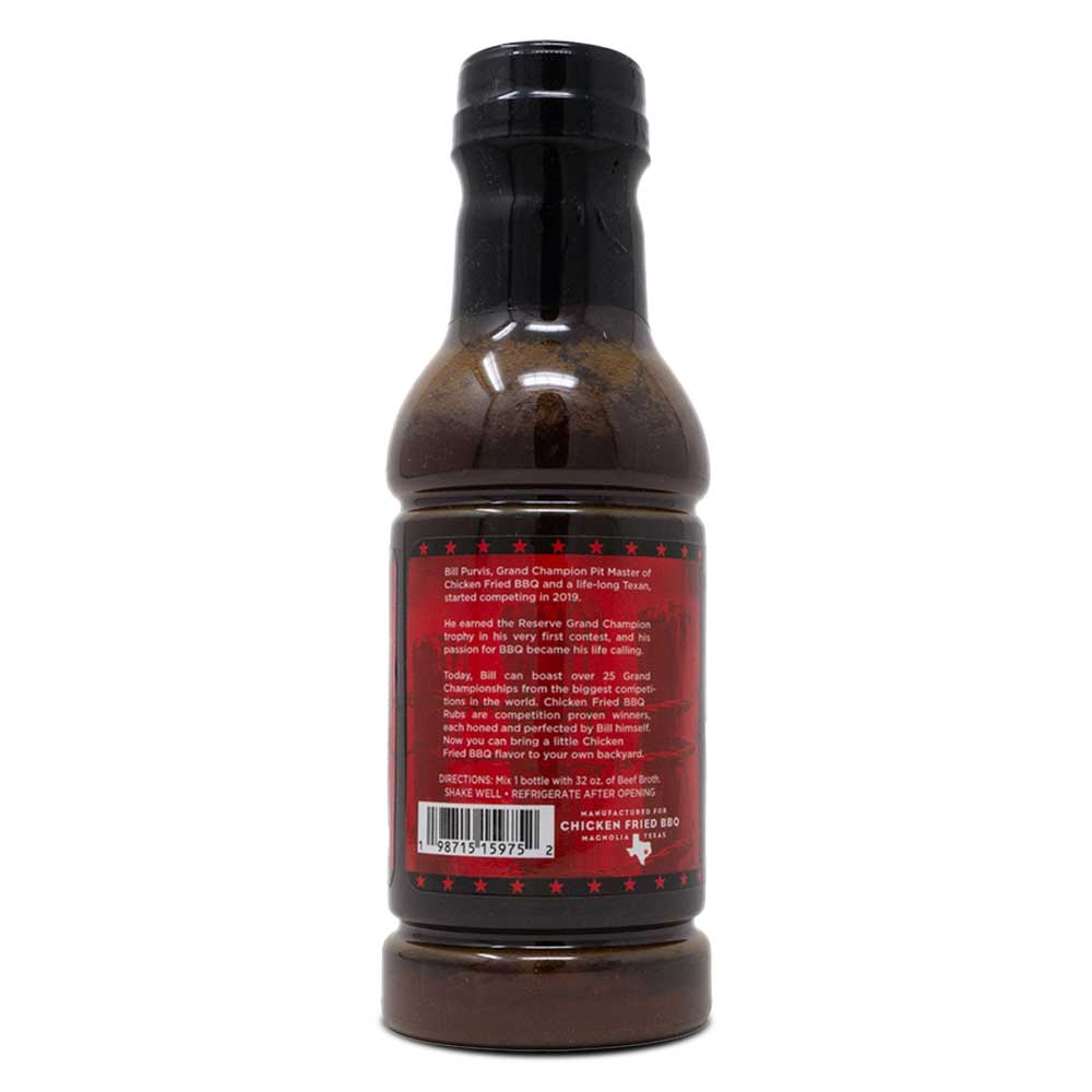 Front of 16 oz Chicken Fried BBQ Brisket Wrap sauce by pitmaster Bill Purvis, featuring a bold red and black label design.