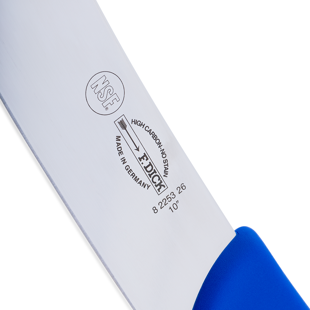 Close-up of the F. Dick 10" Cimeter Knife - Ergogrip, featuring a long, curved blade and ergonomic blue handle designed for comfortable, precise cutting.