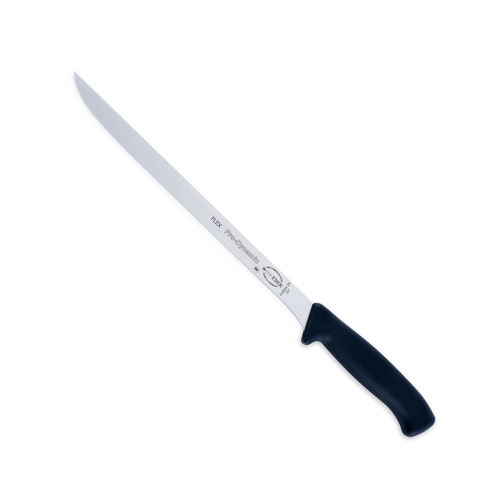 Close-up image of the F. Dick 10" Pro-Dynamic Flexible Ham Knife. The knife features a long, flexible high-carbon stainless steel blade designed for precise slicing of large BBQ meats like ham, pork roast, and brisket. It has a solid plastic handle for comfortable grip and control. Displayed on a plain white background, highlighting its professional quality and design.
