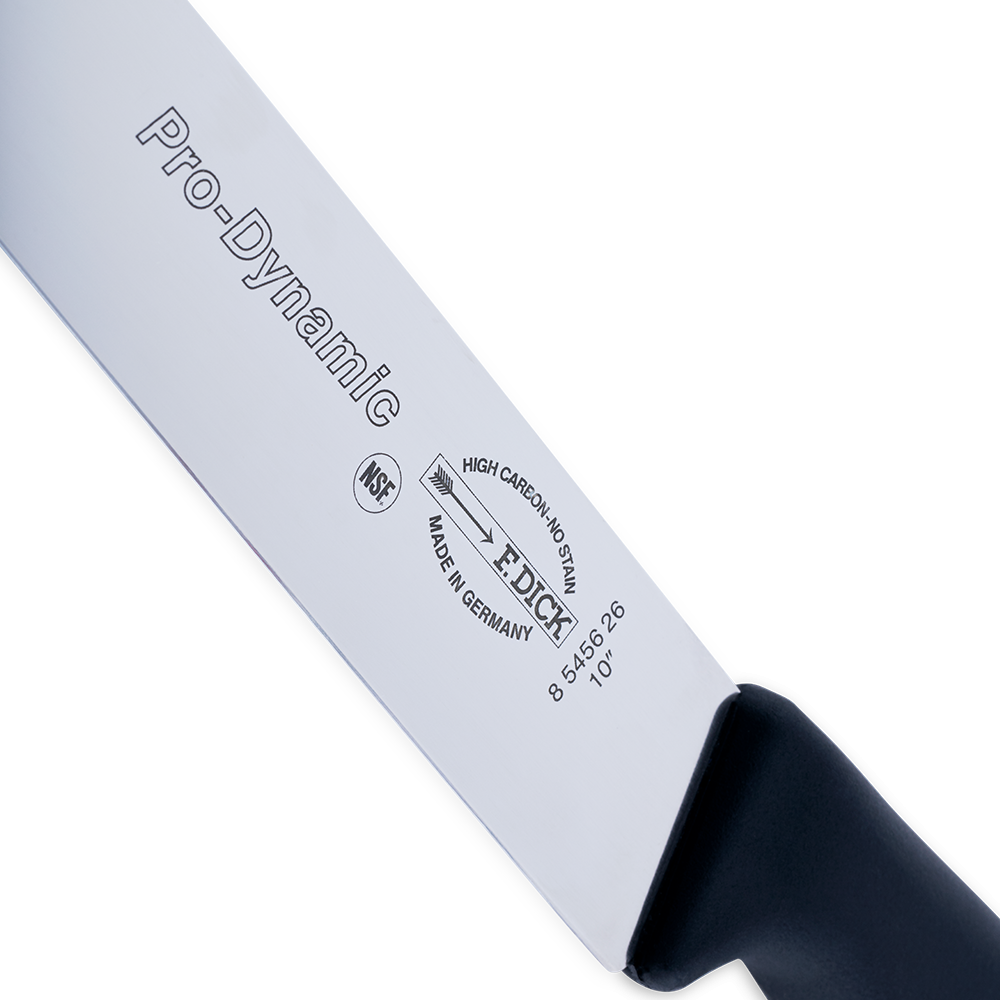 Close-up image of the 10" F. Dick Slicing Knife. The knife features a long, high-carbon stainless steel blade designed for precise slicing. It has an ergonomic handle for comfortable use. Displayed on a plain white background, highlighting its sharpness and professional quality.