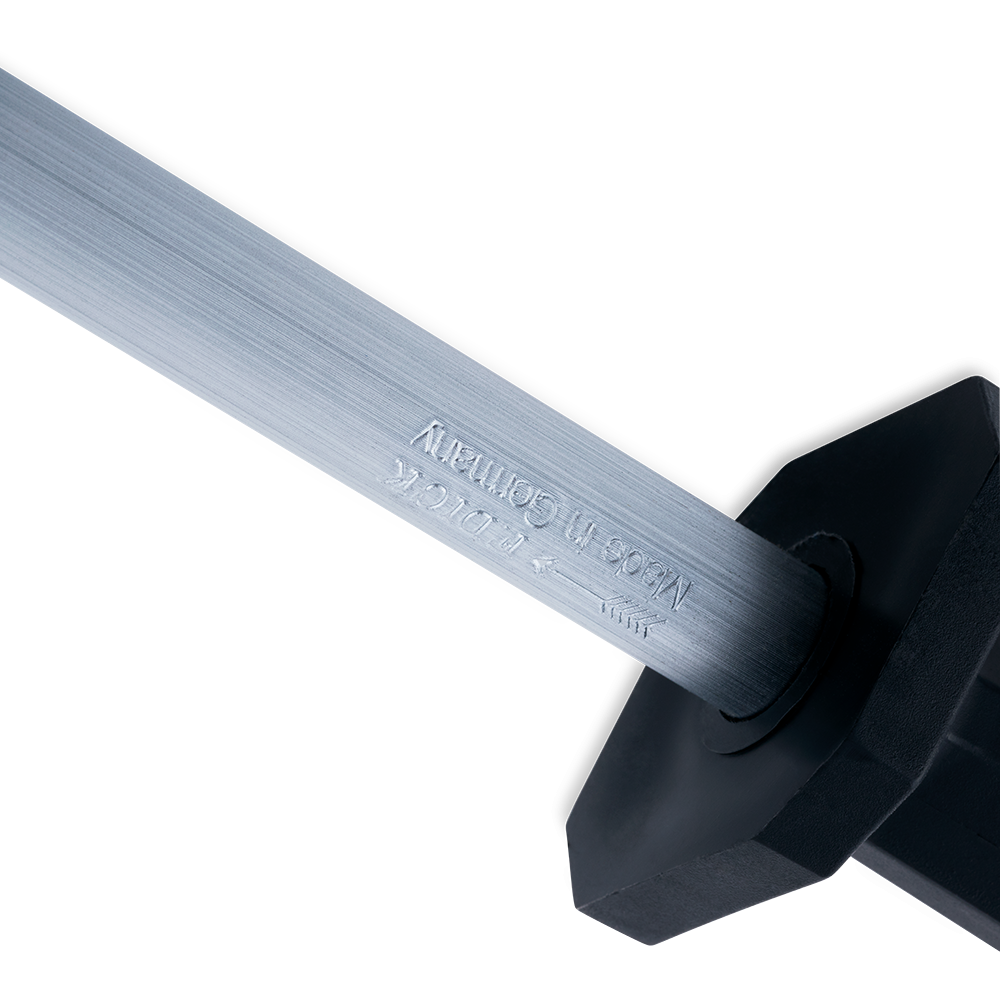 Close-up image of the F. Dick 12" Eurocut Sharpening Steel with a regular cut round rod. The sharpening steel features a long, durable rod made of high-quality materials, and an ergonomic handle for a comfortable grip. Displayed on a plain background, highlighting its design and functionality for maintaining knife sharpness.