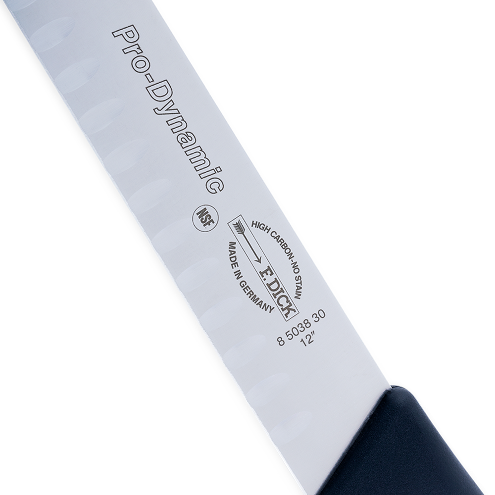 Close up of the F. Dick 12-inch Seamless Hollow Ground Slicer from the ProDynamic series, featuring a long, slender blade designed for precision slicing. The handle is ergonomically designed for a comfortable grip, ideal for professional chefs and culinary enthusiasts.
