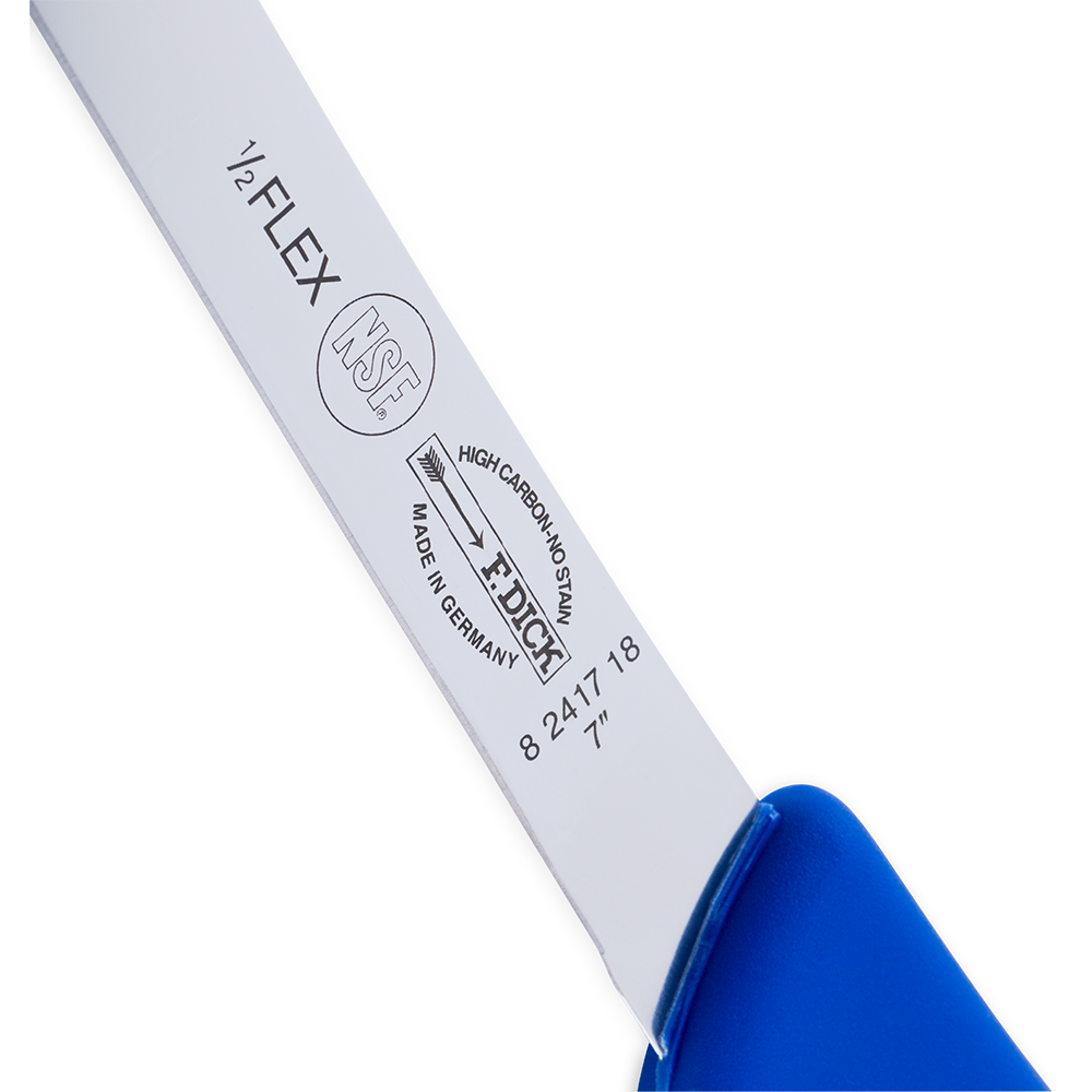 Close-up of an F. Dick 7-inch Flex Fish Fillet Knife with Ergogrip handle, showcasing its flexible blade and ergonomic design for precision filleting.