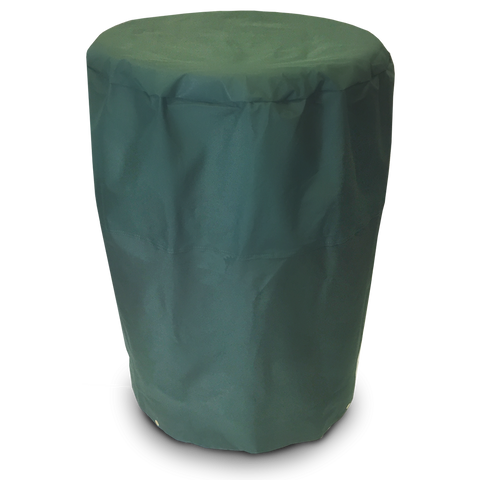 Green fabric cover for a drum smoker, shown with a smooth and seamless design to protect from external elements.