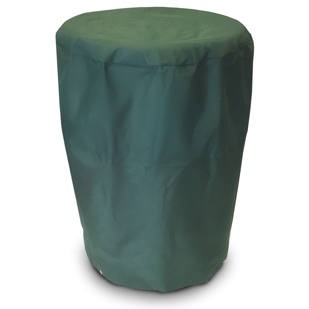 A dark green, waterproof cover designed to fit over a drum smoker, providing protection from outdoor elements.