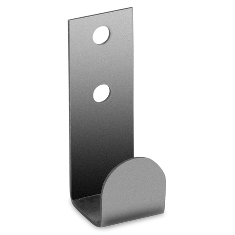 A metallic lid hook for a drum smoker, featuring a vertical design with two circular holes for attachment and a curved base. The hook is displayed against a dark background, silver-gray finish and streamlined shape.