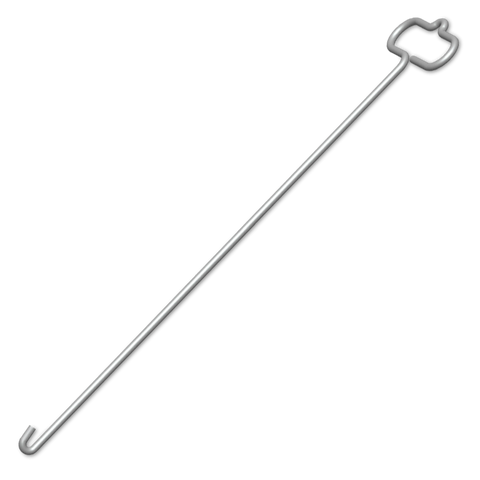 A long, metallic rod with a simple, symmetrical star-shaped handle on one end and a curved hook on the other, set against a stark black background. The rod is designed for practical use, likely as a tool for handling or adjusting items within a drum or smoker.