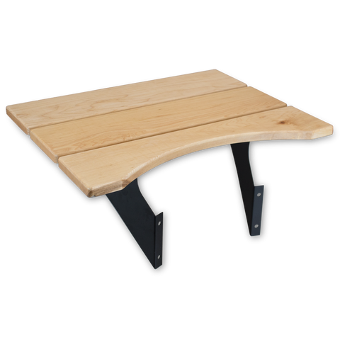 Image showing an assembled wooden side table with two metal support brackets. The table top is made from natural wood planks and has a gentle curve on one edge, fitted with matte black metal brackets.