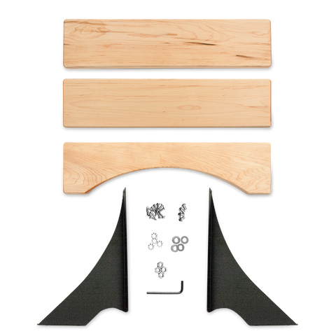 Disassembled parts of a wooden side table consisting of three separate wooden planks, a set of screws and washers, two metal brackets, and an Allen key, all arranged on a black background.