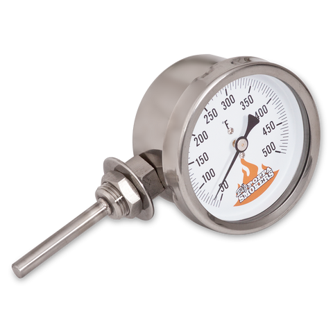 Close-up image of a stainless steel barbecue thermometer with a circular dial. The dial is marked with temperatures ranging from 100 to 500 degrees Fahrenheit and features an orange flame logo at the 400-degree mark. The thermometer has a long metal probe extending from its base for measuring heat.