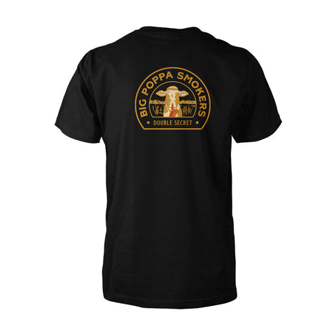 Back view of a black T-shirt with a large, colorful logo featuring a pig illustration and the words 'Big Poppa Smokers, Double Secret' in gold and white on a circular black background.