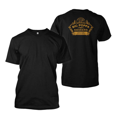 A black t-shirt featuring gold prints of the Big Poppa Smokers logo. The front of the shirt has a small, circular logo on the left chest area, while the back showcases a larger, detailed print with laurel wreath accents and the phrase "Your Food Just Got Better" encircling the top and bottom of the logo, all set on a solid black background.