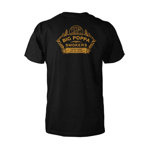 The back of the shirt with detailed print with laurel wreath accents and the phrase "Your Food Just Got Better" encircling the top and bottom of the logo, all set on a solid black background.