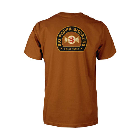 The back of the shirt is dominated by a larger, circular logo with the text "Big Poppa Smokers" and "Sweet Money" surrounding a winged dollar sign, all set on a solid caramel background.