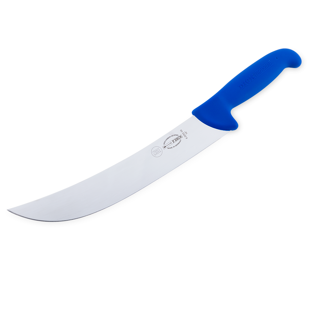 Close-up of the F. Dick 10" Cimeter Knife - Ergogrip, featuring a long, curved blade and ergonomic blue handle designed for comfortable, precise cutting. 