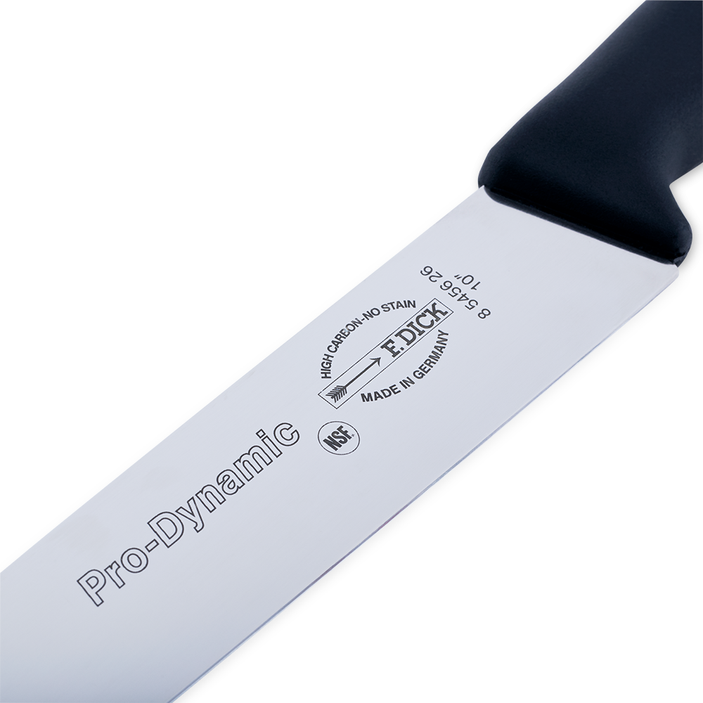 Close-up image of the F. Dick Slicing Knife. The knife features a long, high-carbon stainless steel blade designed for precise slicing. It has an ergonomic handle for comfortable use. Displayed on a plain white background, highlighting its sharpness and professional quality.