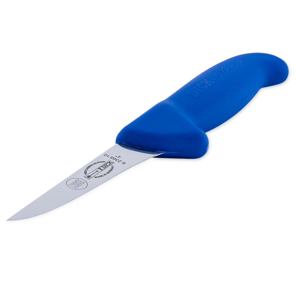 Close-up image of the F. Dick 4" Narrow Stiff Boning Knife - Ergogrip. The knife features a high-carbon stainless steel blade with a narrow, stiff design, ideal for precise boning tasks. It has a bright blue ergonomic handle for a comfortable and secure grip. Displayed on a plain white background, highlighting its sharpness and sturdy construction.