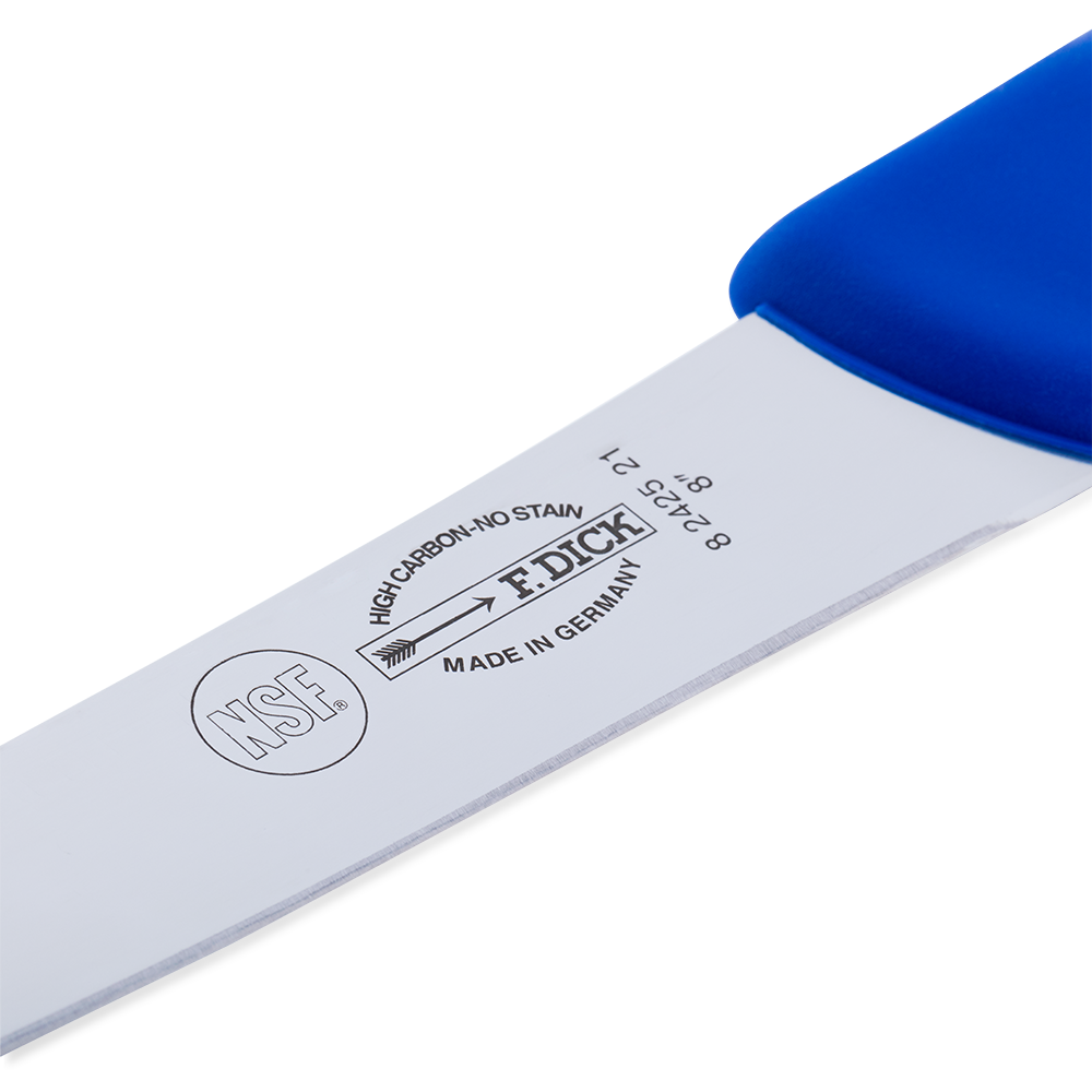 Close-up image of the F. Dick 8" Breaking Knife - Ergogrip. The knife features a robust, high-carbon stainless steel blade and a bright blue ergonomic handle designed for comfortable and secure grip. The image highlights the knife's sharp, curved blade and sturdy construction, ideal for breaking down large cuts of meat. Displayed on a plain white background.