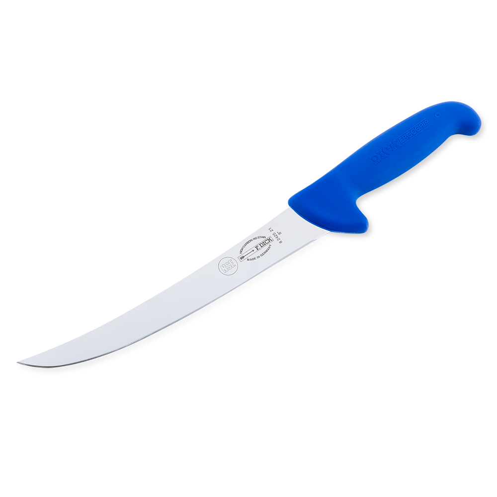 Close-up image of the F. Dick 8" Breaking Knife - Ergogrip. The knife features a robust, high-carbon stainless steel blade and a bright blue ergonomic handle designed for comfortable and secure grip. The image highlights the knife's sharp, curved blade and sturdy construction, ideal for breaking down large cuts of meat. Displayed on a plain white background.