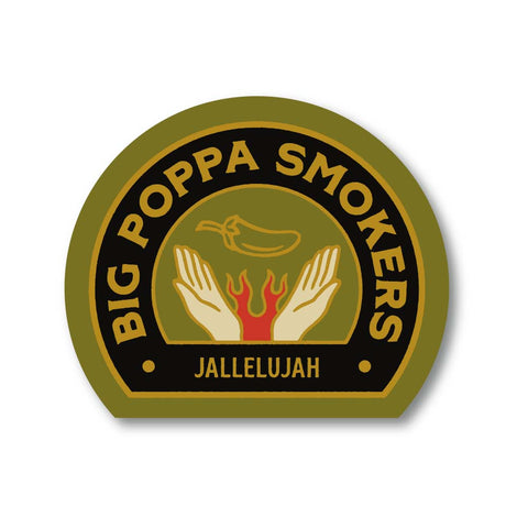 A promotional sticker for Big Poppa Smokers featuring the phrase 'Jallelujah'. The design includes a stylized pair of hands open upwards with flames rising between them, and a hot chili pepper above, all set against a dark olive background within a golden brown border.