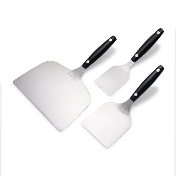 Set of three metal spatulas with black handles in small, medium, and large sizes, laid out on a white background.