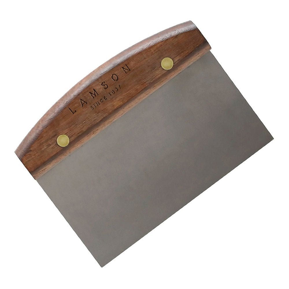 Lamson dough scraper with wood handle, brass rivets, and stainless steel blade.