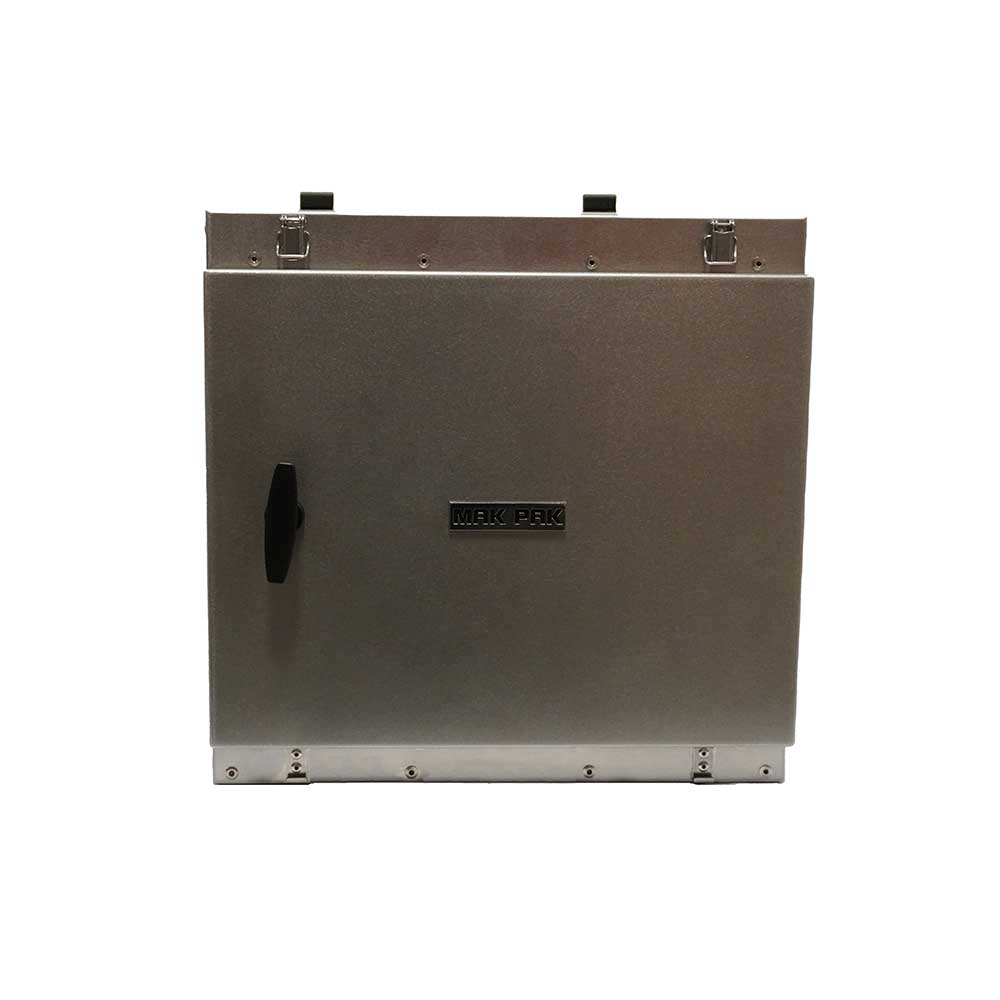 Metallic rectangular box with a brand logo on a white background