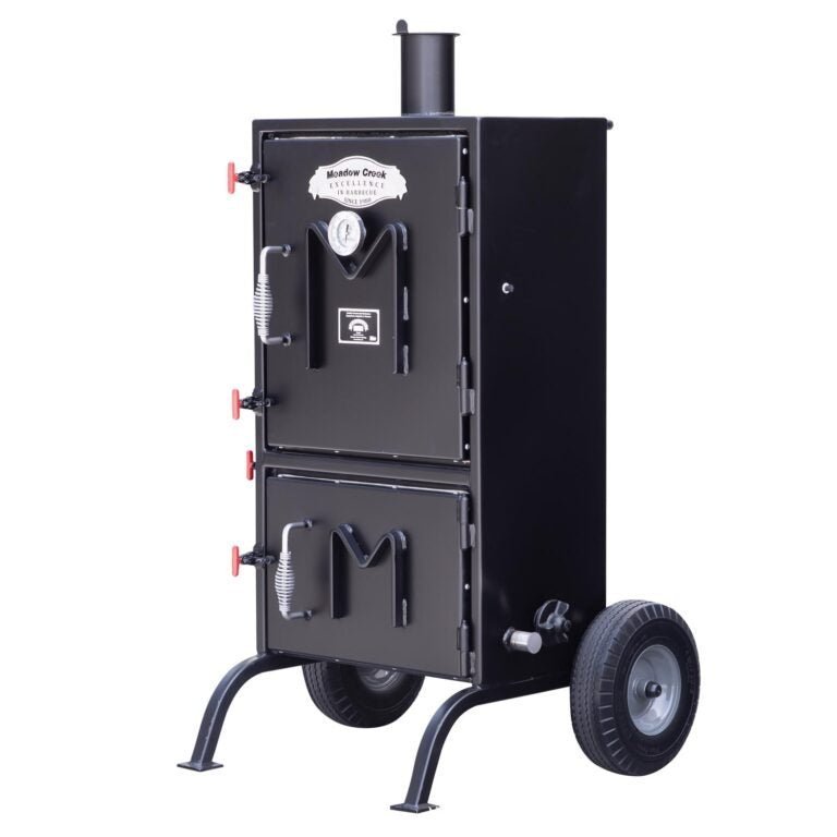 Side view of the Meadow Creek BX25 Box Smoker, displaying the attached water bottle and the legs with wheels for mobility.
