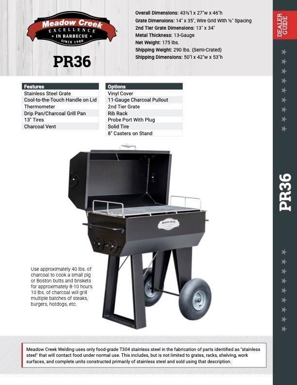 A specification sheet for the Meadow Creek PR36 Pig Roaster. The sheet also contains a picture of the PR36 Pig Roaster with its lid open.