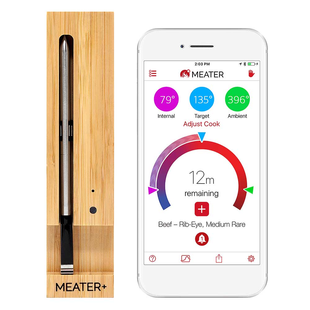 MEATER Plus wireless meat thermometer in a wooden box, featuring a sleek design for precise BBQ and grilling temperature monitoring. Shows a mock up of mobile device and the app dashboard.