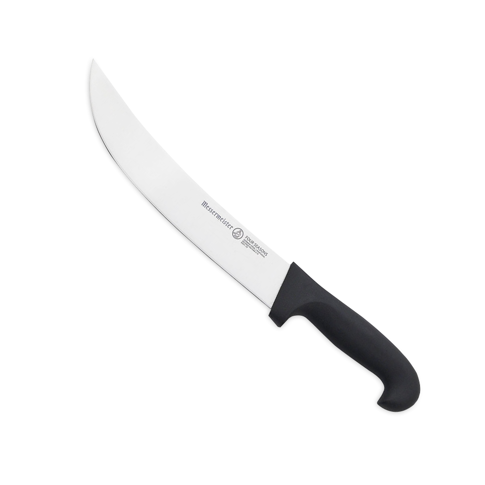Close-up image of the Messermeister Pro Series 10'' Scimitar Knife. The knife features a curved high-carbon stainless steel blade, ideal for precision cutting and slicing large cuts of meat. It has a durable, ergonomic handle for comfortable use. 