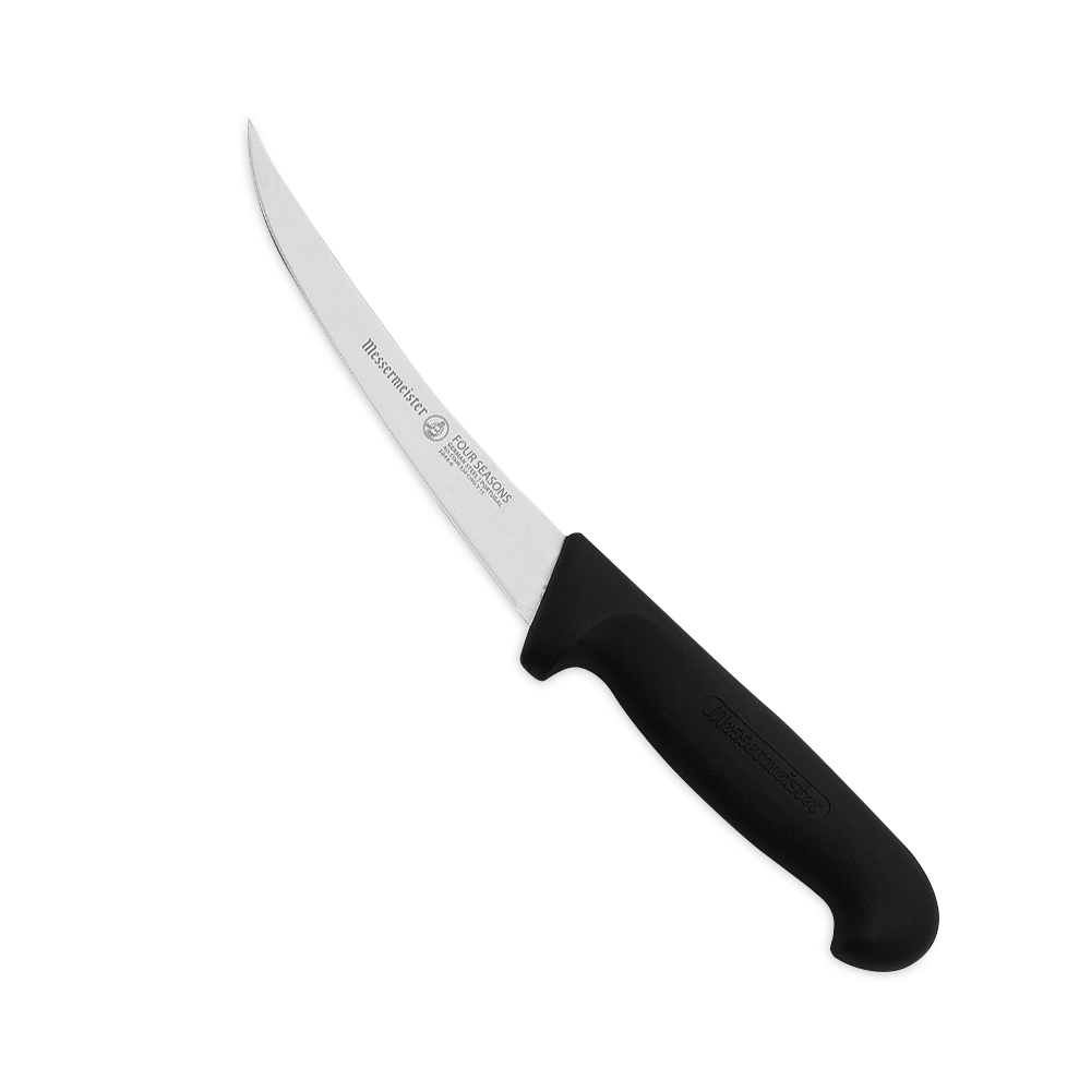 Close-up of the Messermeister Four Seasons 6" Flexible Boning Knife with a sleek black handle and sharp, flexible blade, ideal for precise meat trimming and deboning. 