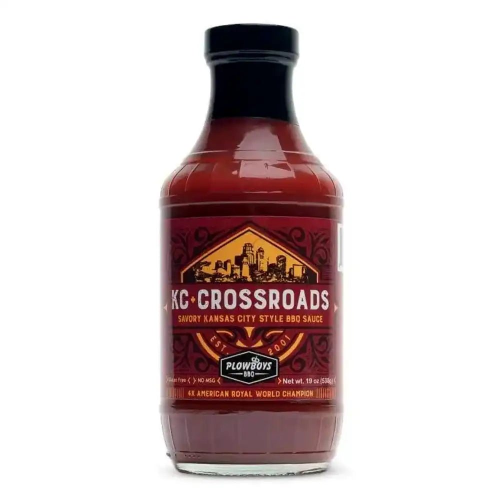 Front of KC Crossroads BBQ Sauce bottle with Kansas City skyline and “Savory Kansas City Style” label, 19 oz.