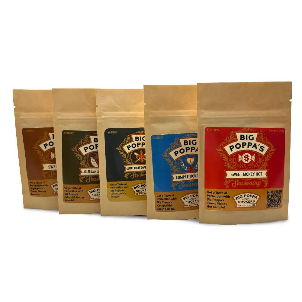 Five Big Poppa's seasoning samples in labeled kraft pouches, including Sweet Money Hot and Jallelujah.