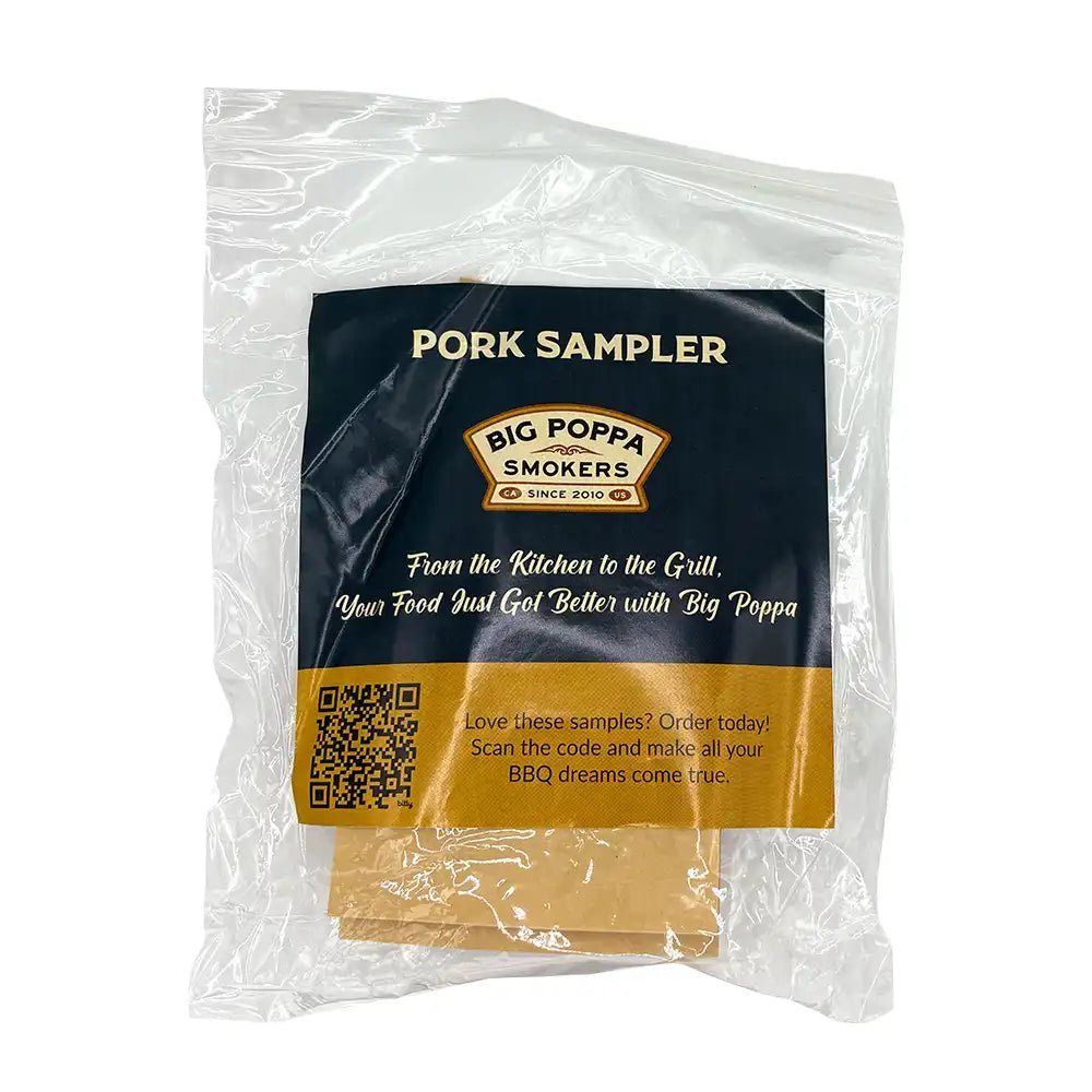 Big Poppa Smokers Pork Sampler in a clear plastic bag with label and QR code for more information.