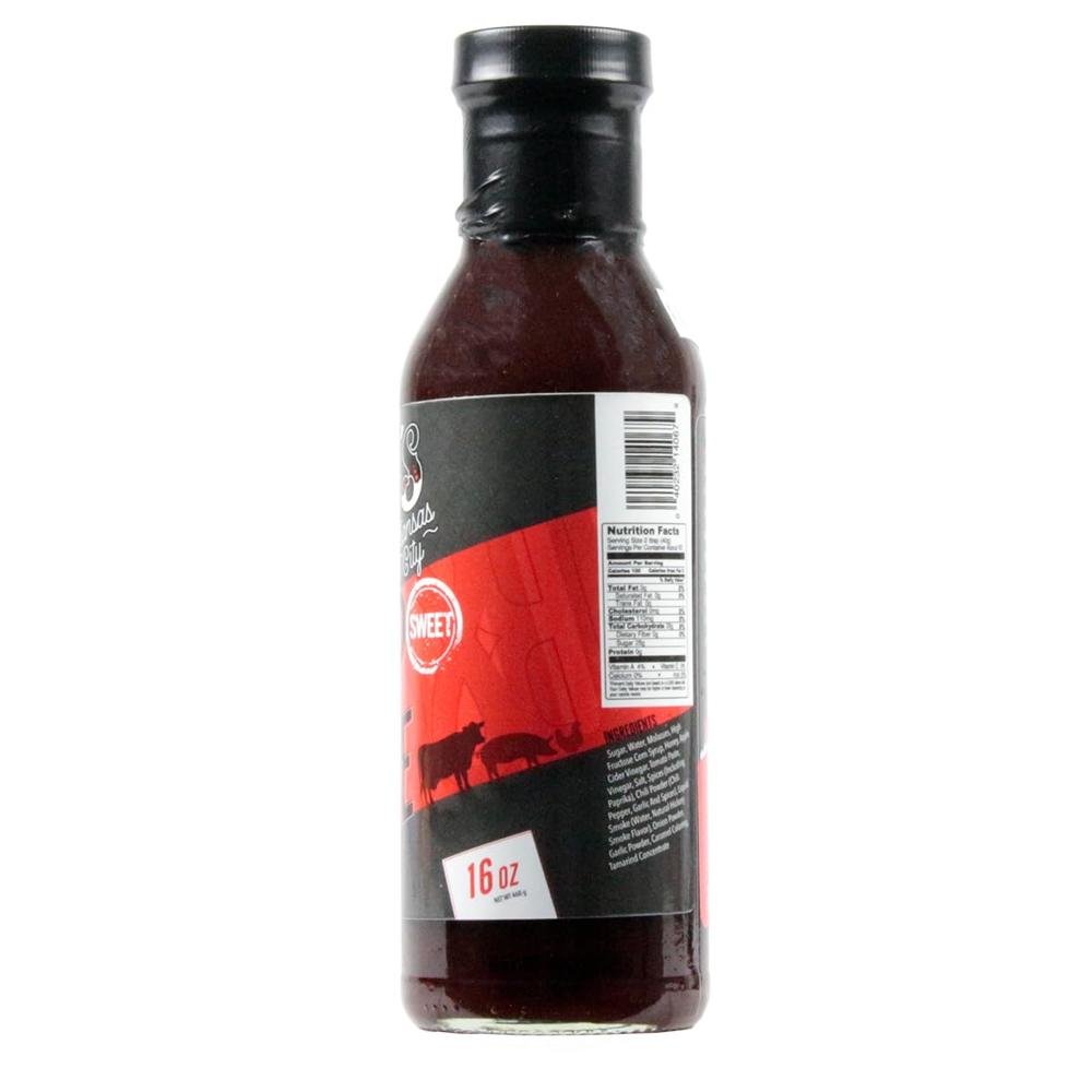 Side view of Slap’s BBQ sauce bottle showing 16 oz label, silhouette graphics, and partial ingredient list.