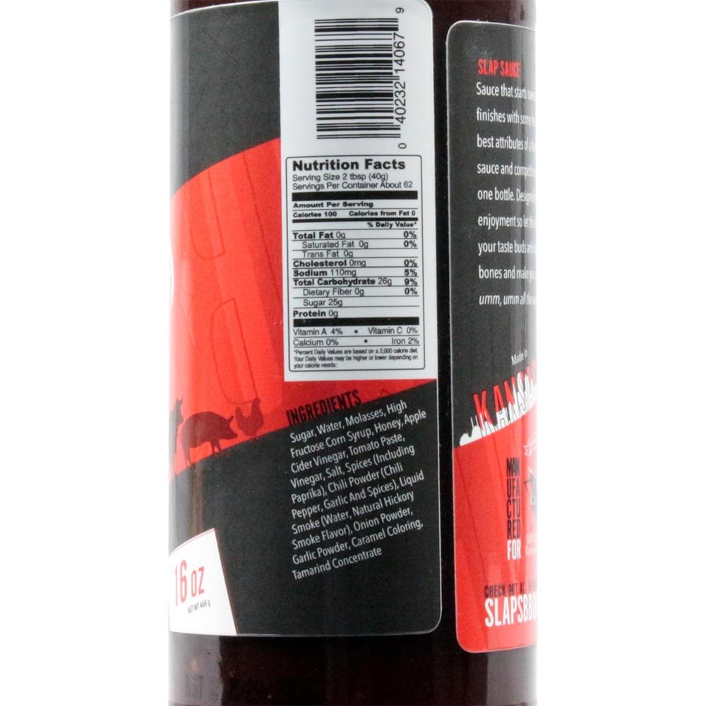 Close-up image of nutrition facts and ingredient list on the back of Slap’s BBQ Slap Sauce bottle.
