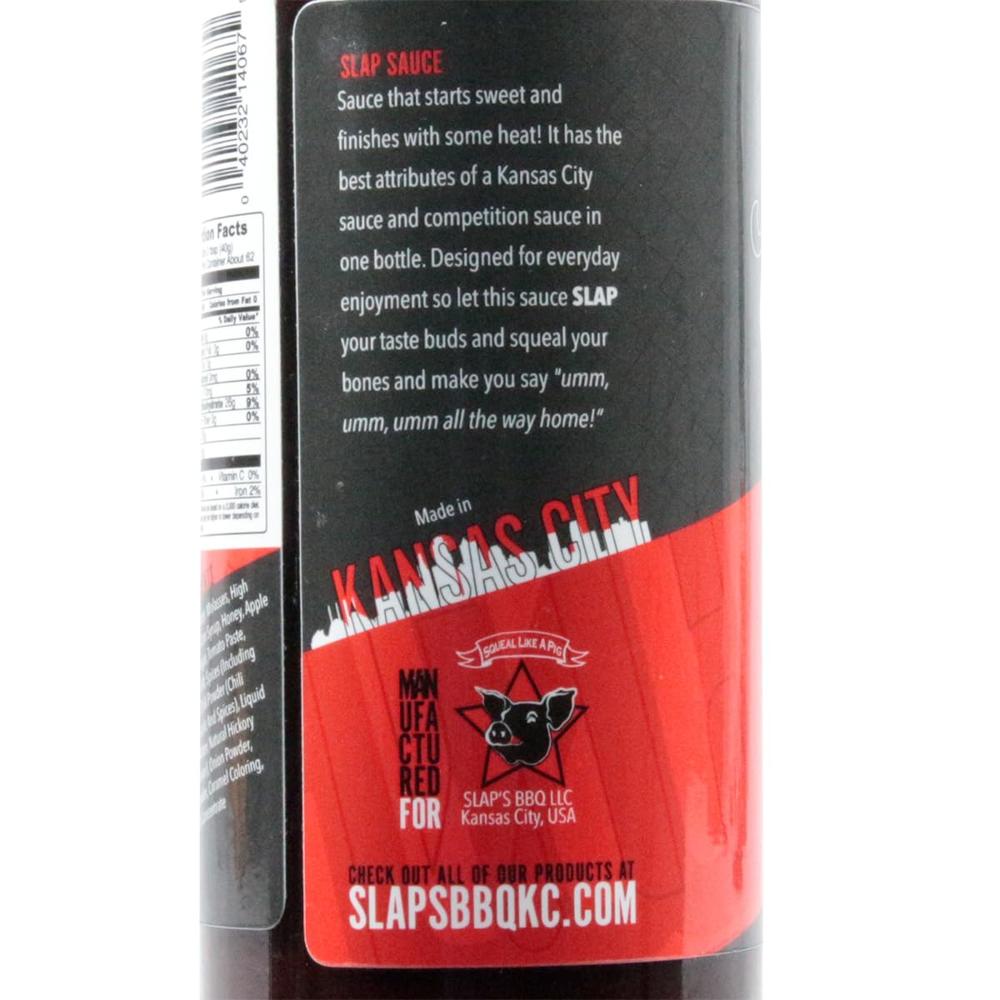 Close-up of Slap Sauce product description mentioning Kansas City style and competition sauce attributes.