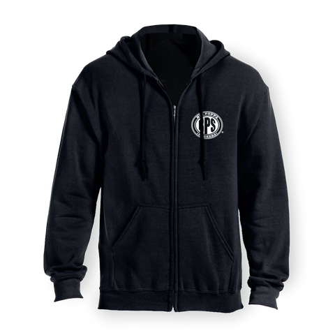 Black zip-up hoodie featuring a white and grey circular Big Poppa Smokers logo on the left chest area. The hoodie has a full-length zipper, a drawstring hood, and two front pockets, designed for casual wear.