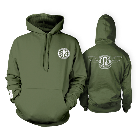 An olive green hoodie displayed in both front and back views. The front features a circular white logo with 'BPS' in the center on the chest, and the number '13' on the left sleeve. The back of the hoodie showcases a larger white logo with stylized wings extending from a circle around 'BPS'. The hoodie includes a front pouch pocket and adjustable drawstrings.