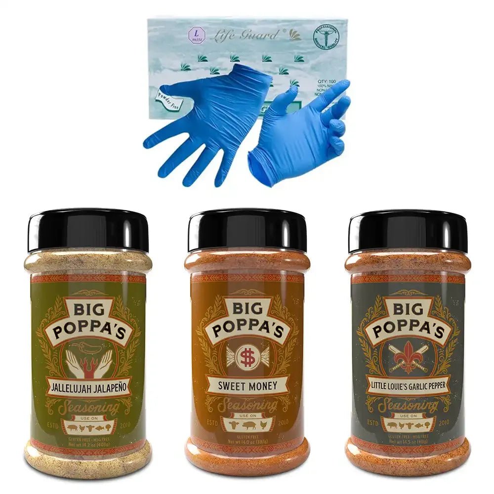 Three jars of Big Poppa's seasoning with a pair of blue gloves and a package labeled 'Life Guard' on a white background.