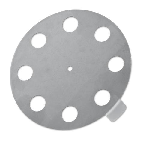 A circular top vent made of stainless steel with a flat surface featuring multiple round holes for airflow regulation. The vent includes a tab on the side for easy adjustment, highlighted against a dark background to accentuate its metallic sheen and precision cutouts.