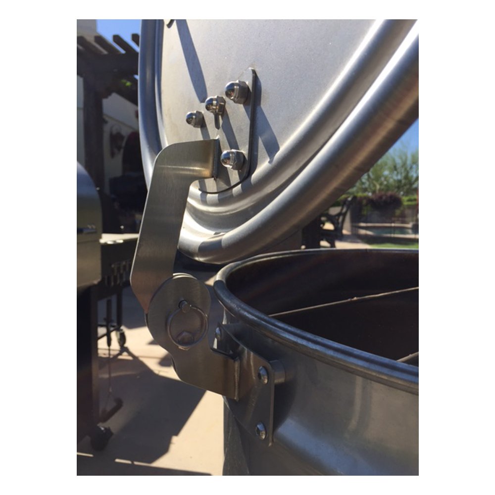 Close-up of Unknown BBQ Drum Smoker Lid Hinge on a 55-gallon drum smoker, showcasing its sturdy stainless steel construction and precise installation. Side angle of the lid open.