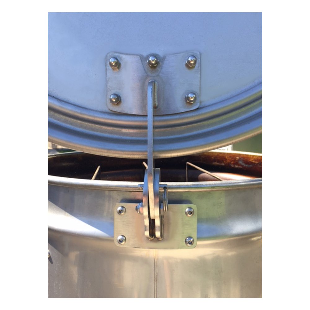 Close-up of Unknown BBQ Drum Smoker Lid Hinge on a 55-gallon drum smoker, showcasing its sturdy stainless steel construction and precise installation. Image with the lid open.