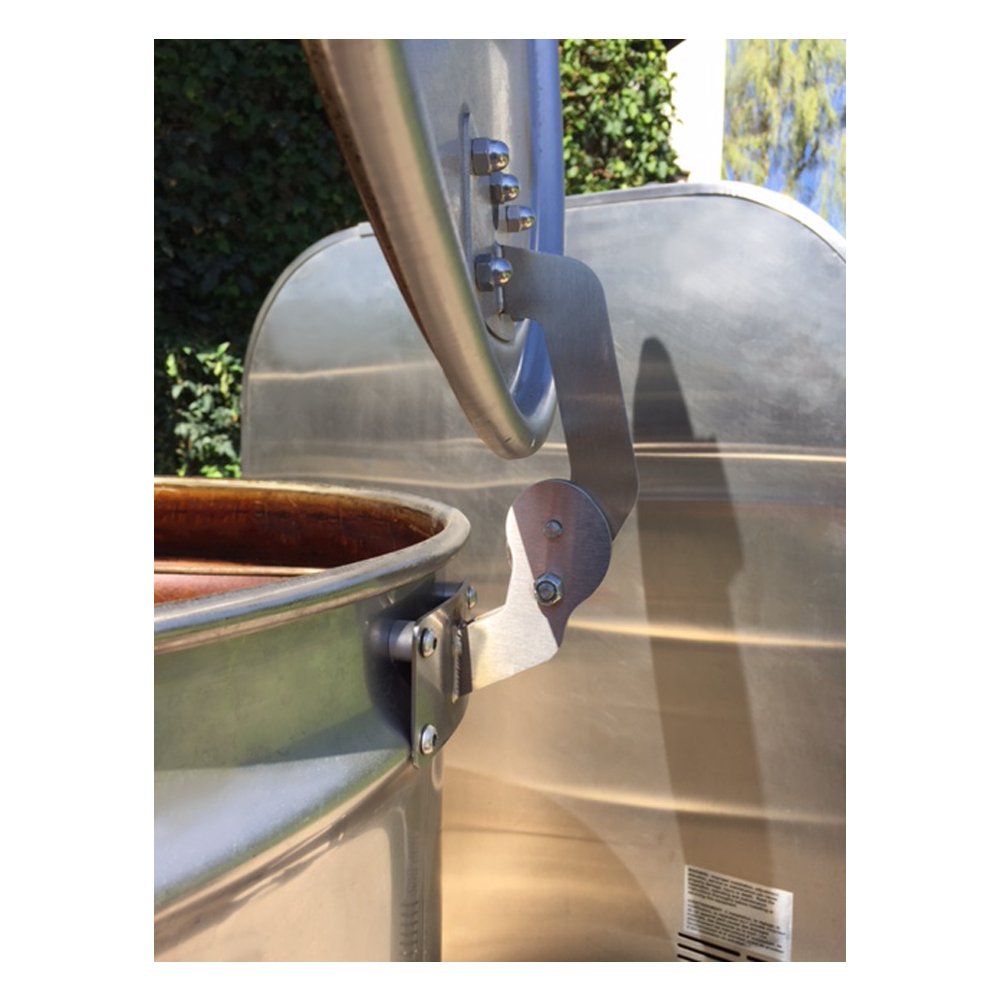 Close-up of Unknown BBQ Drum Smoker Lid Hinge on a 55-gallon drum smoker, showcasing its sturdy stainless steel construction and precise installation. Side angle of the lid open.