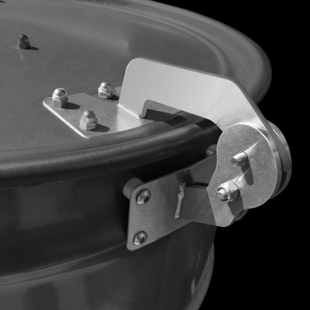 Close-up of Unknown BBQ Drum Smoker Lid Hinge on a 55-gallon drum smoker, showcasing its sturdy stainless steel construction and precise installation