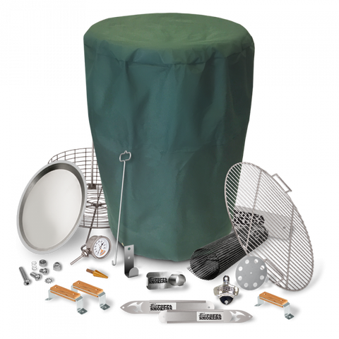 Collage image displaying a comprehensive view of the BPS DIY Drum Smoker Kit Pro Package with all parts assembled including drum smoker, thermometer, drum handles, ash catcher, charcoal nest, grill cooking grate, bottle opener, tool hook shield, and drum smoker cover.