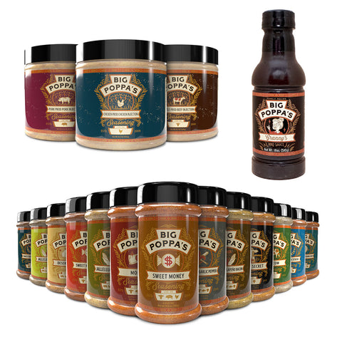 An array of Big Poppa's seasoning products and barbecue sauce displayed on a white background. The collection features several jars of seasonings, each with colorful labels such as Pork Prod, and Sweet Money, along with a single bottle of 'Granny's BBQ Sauce' in dark brown. The seasonings showcase a variety of flavors, each with unique decorative elements and established dates, designed to appeal to barbecue enthusiasts.
