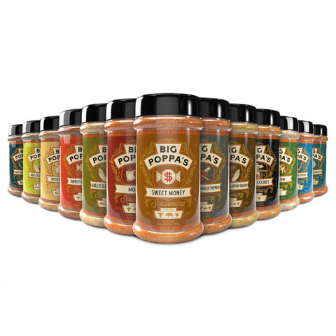 A variety of Big Poppa's seasoning jars displayed in a curved line, leading from foreground to background. The jars include flavors such as Sweet Money, Jallelujah Lime, and Jalapeño Bacon, each with distinctively colored labels ranging from deep reds to vibrant greens, illustrating a diverse and colorful range of spices for cooking.